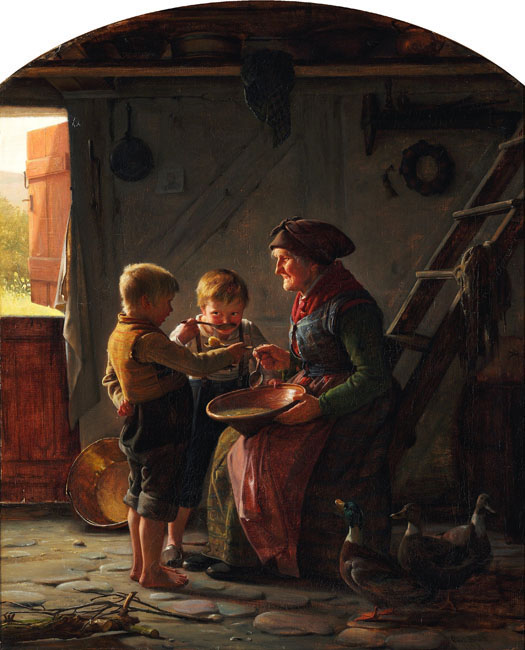 two boys and a grandmother tasting the potato soup